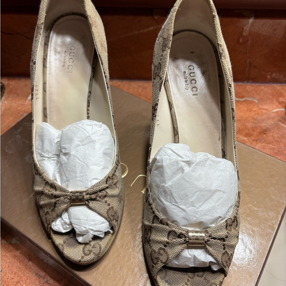 Gucci GG Beige Monogram with Gold Hardware Wedge Heel 37.5